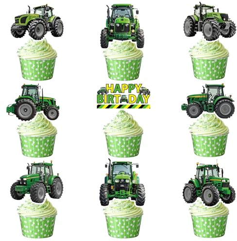 Tractor Cake Topper Party Decorations - 36 Pcs Eiapadeor Tractor Birthday Decorations, Farm Cupcake Toppers for Boys Kids Birthday, Funny Construction Themed Party Supplies