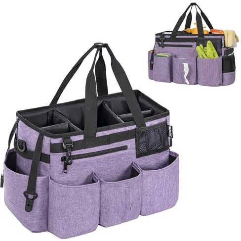 OUUTMEE Cleaning Caddy Bag with Detachable Dividers– Wearable Cleaning Caddy Organiser with Handles & Adjustable Shoulder Strap, Cleaning Tote Bag for Cleaners & Housekeepers (38x22x26cm, Purple)