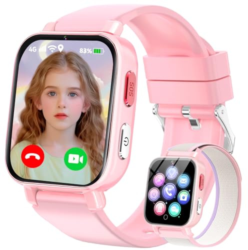 Montre Connectée Enfants GPS, 4G Smartwatch Téléphone pour Filles et Garçons avec Appel, Vidéo, SOS, Chat, Mode Classe Podomètre, Jeux, Réveil, Montre Intelligente Enfant 4 à 12 Ans Cadeau, Rose