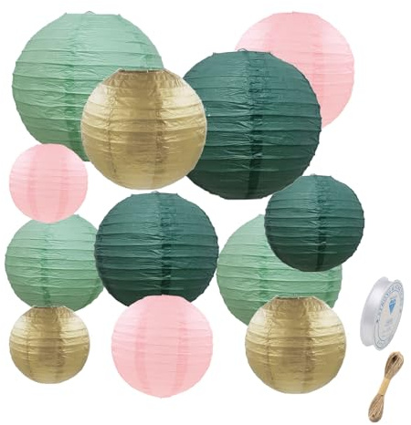 12 Stück Paper Lanterns-Salbeigrün Papier Laterne Rund Hängende Papierlaternen - Grün Gold Rosa Papier Lampions für Braut Hochzeitsdekorationen Geburtstagsfeier Gartenparty (Grün Gold Rosa)