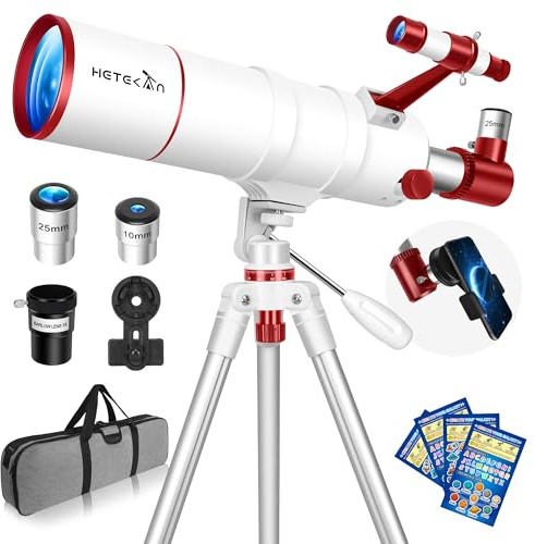 HETEKAN Teleskop für Erwachsene und Anfänger, 90mm Öffnung 550mm Brennweite Tragbares Refraktor-Teleskop (22X-165X) mit 3X Barlow-Linse, AZ-Stativ, Handyadapter, Tragetasche und Dekor-Aufklebern