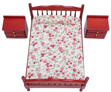 Jiawu Meubles de Maison de Poupée en Bois à L'échelle 1/12, Lit, Coiffeuse, Ensemble de Garde-Robe, Meubles Miniatures Fonctionnels pour Décoration de Maison de Poupée, Matériau en Bois de Bouleau