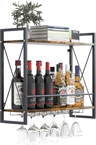 Huhote Weinregal, Wandmontage, 2 Etagen, Weinregal, Champagnerglas, Kelche, Stielgläser, Wand-Weinregal mit rustikalem Holz und industriellem Eisenrahmen für Küche, Esszimmer, Hausbar, Dekoration