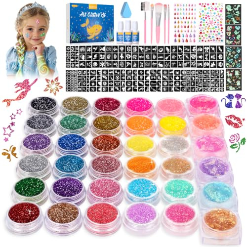 Bledras 36 Farben Glitzer Tattoo Set Kinder - Komplett-Set | 178 Schablonen, 5 Pinseln, 3 Klebern, 4 Leucht-Tattoos & weiterem Zubehör – Geschenke für Kinder im Alter von 3 bis 12 Jahren