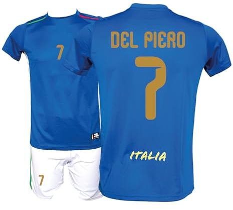 Generico Kit Maglia Italia Calcio del Piero 7 e Pantaloncino, Blu con Stampe in Oro, Replica Maglietta Nazionale Italiana, Taglie da Bambino (IT, età, 12 Anni, Regular)