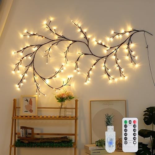 Koboko Lichterkette Willow Vine, 96 LED Lichterzweige Lichterkette Wand, 8 Modes USB Weidenrebe Baum Lichter mit Fernbedienung|Timer, Biegbare Künstliche Baumzweige Lichter Schlafzimmer Wand Deko