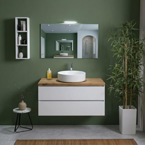 Kiamami Valentina Mobile Bagno Sospeso 100 Cm Bianco Export Top Rovere | 2 cassetti, struttura in legno nobilitato, specchio 100x60 cm e lampada inclusi, collezione Berlin