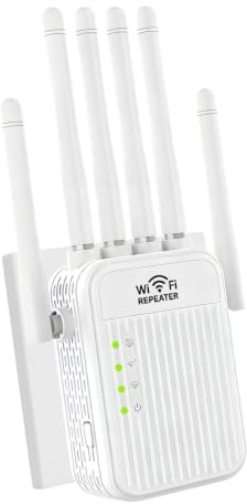 Repeteur WiFi Puissant, Amplificateur WiFi, Portée Jusqu‘à 1000 m² pour 32 Appareils, Répeteur WiFi avec 6 Antennes, 2 Ports Ethernet, Compatible avec Tous Les Routeurs, pour Maison et Bureau