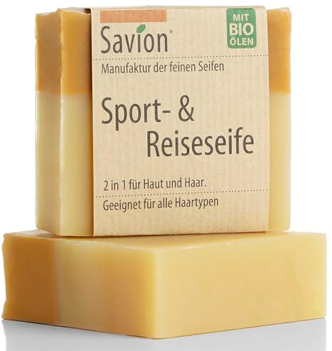 Savion 2-in-1 Naturseife für Sport & Reise | Haare & Körper | Vegan, Palmölfrei, Bio | wirkt entspannend & pflegend 85g | Made in Germany