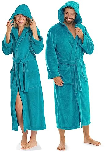 aqua-textil XS-XXXL Bademantel Kapuze Uni lang aufgesetzte Taschen Damen Herren Unisex Mikrofaser Kuschelfleece OEKO-TEX
