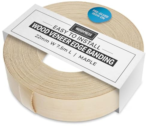 Ahorn Holz Furnier Einfassung/Furnier Rand Streifenbildung Tape (22 mm Breite x 7,5 m länge) – Superior Grade serienmäßig DIY zum Aufbügeln (Hotmelt) PE & geschliffen Furnier Einfassung Rollen