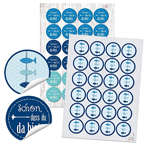 Logbuch-Verlag 24 Fische Aufkleber + 24 Schön dass du da bist Sticker Kommunion Gäste Taufe rund 4 cm Set Verzierung