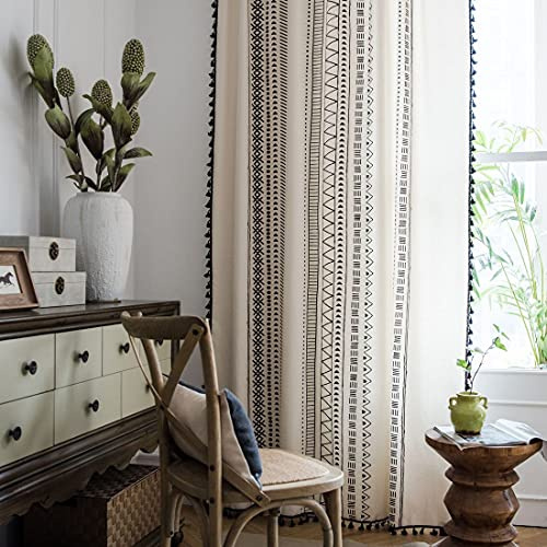 Xlabor Boho Vintage Vorhang mit Quaste Vorhang Halbverdunkelung mit Ösen Baumwolle Leinen Deko für Wohnzimmer Schlafzimmer (A150x240cm)