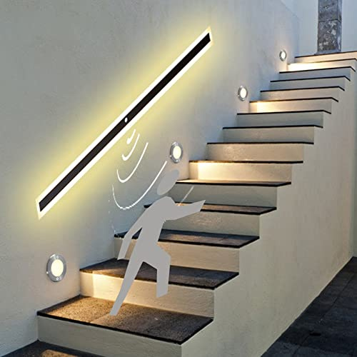 VOMI Lampe Wand Schwarz LED Wandleuchte Innen/Aussen mit Bewegungsmelder IP65 Spiegelleuchte Warmes Licht Lang Wandlampe Außen-Leuchte Wandbeleuchtung Lichtleiste Treppen Gärten Terrassen Flur,150cm