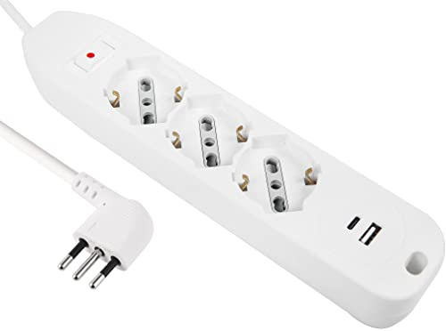 Electraline 61991 Multipresa 3 Posti P40 Polivalenti + 2 USB (1 Tipo A + 1 Tipo C) 17W con interruttore con Protezione da Sovracorrente, Spina Piccola Italiana 10A Salvaspazio, Cavo 1,5M