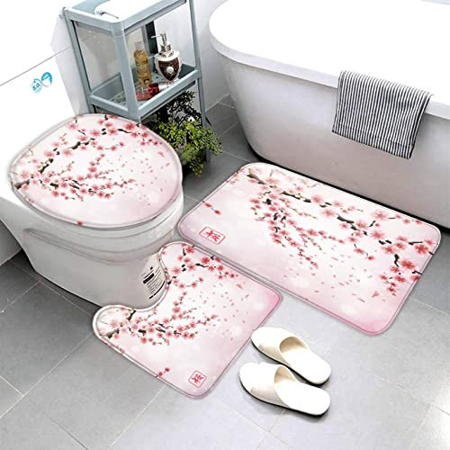 AOLIGL Badezimmermatte Set Japanische Kirschblüten 3D Drucken Blume Rosa Teppich Badezimmer Badgarnitur 3teilig Mikrofaser Bath mat U-förmigen Contour Matte- WC Vorleger 40 x60