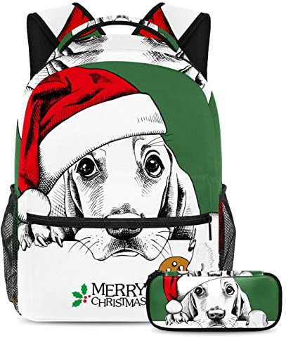 VAPOKF Merry Christmas Dog with Red Hat Paint Green White School Bag Set for Teen Girls Boys Kids, Student Bookbag Backpack Rucksack with Pencil Case for Primary Secondary Junior