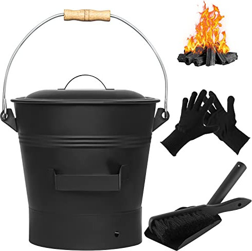 Fireplace Ash Bucket with Lid Shovel, Hand Broom and Gloves, 2.6 Gallon Charcoal Wood Fire Pits Burning Stoves, Coal/Large Pellet Metal Buckets/Hot Wood Carrier Pail Fire Pits Ash Can Cleaning Tools