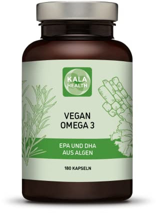 Kala Health Vegan Omega 3 oil - 150mg EPA + 300mg DHA pro Kapsel - Algenöl Schizochytrium - 900mg Omega 3 Fettsäuren + 12mg Vitamin E - Laborgeprüft (180)