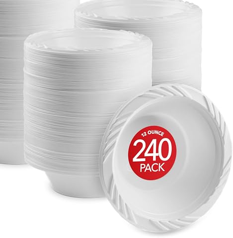 Stock Your Home (240 Pack) 12 oz Elegant White Plastic Bowls for Parties Small Disposable Bowl for Fancy Dinner or Cocktail Party, Soup and Salad, Thick and Sturdy