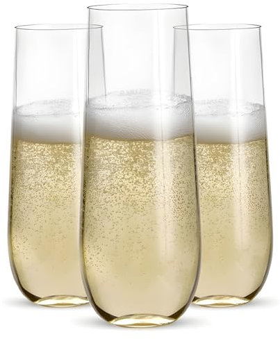 Prestee Paquete de 48 copas de champán de plástico sin tallo, 9 onzas, copas de vino de plástico transparente, suministros de barra de mimosa inastillables, vasos de cóctel desechables, suministros de