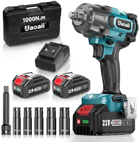 Uaoaii Avvitatore A Impulsi Brushless 1/2 1000Nm Chiave ha Urto Elettrica Batteria 4000mAh Adattatore Avvitatore a Percussione 5 Bussole incluse Potenza e Facilità per Avvitare e Svitare