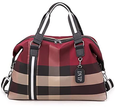 Vllcsla Reisetasche Sporttasche Damen Große, Weekender Damen Reisetasche mit Nassfach, Leichte Handgepäck Reisetasche Weekender Fitness Duffle Gmy Bag, Karierte Muster, 48x20x33 CM, 32L (Rot)