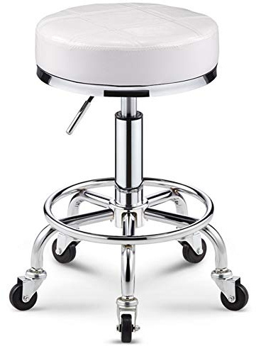 Bar Stool 360 Degrees Swivel with Rolling Wheels Cushioned Pneumatic Stool for Bar Pub Counter Tattoo Shops Salons Drafting Massage 9 Colors (Color : Gold) (White)