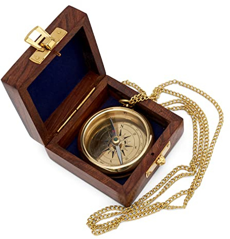 NKlaus Kompass Maritim 6cm Ankergravur mit Kette in der Holzbox, 1 Stück | Gewicht: 100g; Durchmesser: 6cm; Höhe: 1,2cm; 7,5x7,5x4cm; 200g