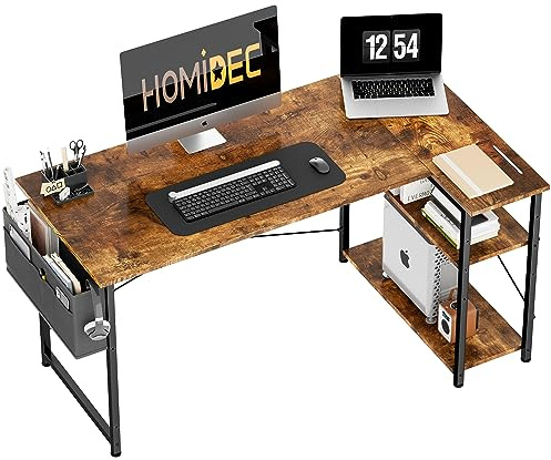 L Shaped Desk with Bookshelf Reversible and Storage Bag, Vintage 120×70cm | Corner Computer Table, Ergonomic Gamer Workstation & Home Office Study Desk, Large Desktop