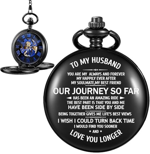 Tiong Personalized Engraved to My Husband Mechanical Pocket Watch for Husband Customized Mechanical Pocket Watches with Leather Box for Men