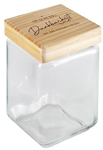 Herz & Heim® Vorratsglas mit Holzdeckel inkl. individuellem Aufdruck Dankbarkeit, 11 cm x 11 cm x 18,5 cm (B/T/H)