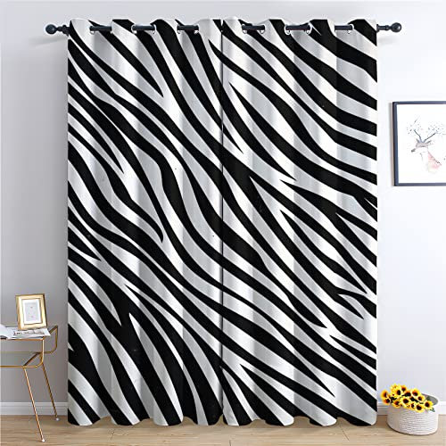 THYUNQ Vorhänge Schwarz Weiß Zebra - Vorhang Blickdicht Verdunklungsvorhänge Thermovorhang, Gardinen mit Ösen, Vorhänge Wohnzimmer Schlafzimmer Fenster 2er Set, H 245 x B 140 cm