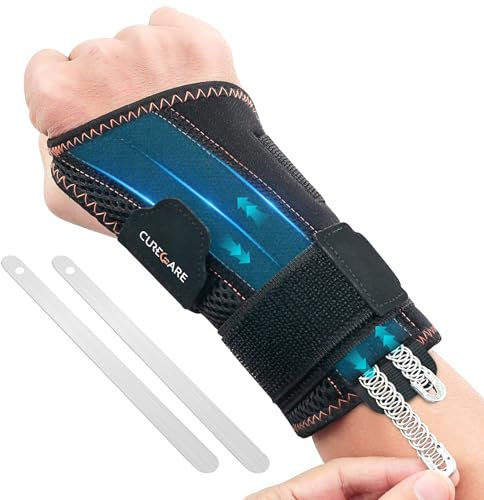 CURECARE Karpaltunnel Handgelenkstütze 2 in 1, Handgelenk Bandagen mit 3 Metallstabilisatoren, Handgelenkschiene zur Linderung von Karpaltunnelsyndrom, sehnenscheidenentzündung (S/M, Rechts)