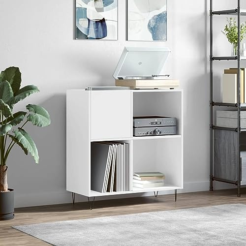 AJSEOYBS Mobile Porta Dischi in Legno Multistrato Bianco per Collezione Vinili, Mobile per Giradischi con Piano Robusto e Piedini in Ferro, 84.5x38x89 cm, Assemblaggio Richiesto,