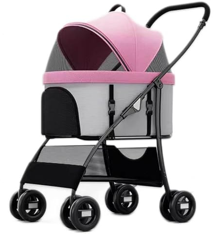 Haustier-Kinderwagen Hundekinderwagen für Kleine und Mittelgroße Hunde und Katzen mit Abnehmbarer Tragetasche Leichter, Faltbarer 4-Rad-Katzenkinderwagen für Reisen, Einkaufen,Pink