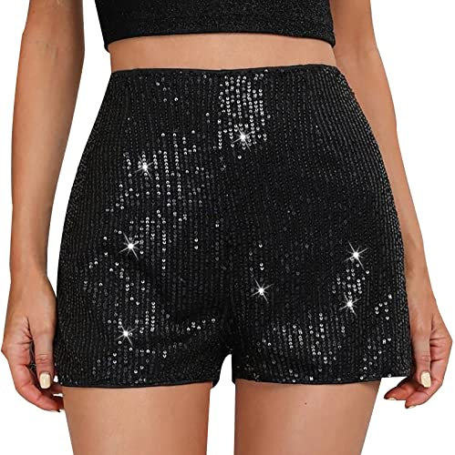 GZYshoyao Schwarz Weiblich Shorts, Damen Erwachsene (Frauen) Paillettenmuster Party Karneval Freizeitshort für Nacht Club Festivals Outfits Clubwear Kostüm (S)