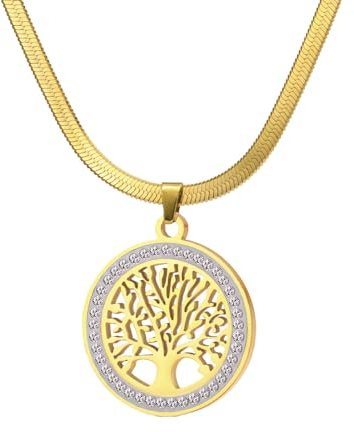 Dreamtimes Árbol de la Vida Collar para las mujeres de acero inoxidable de oro de color claro Circón Ronda Colgante Cuello Cadenas Árbol de la Familia Encanto de Moda Joyería de lujo (Oro-2)