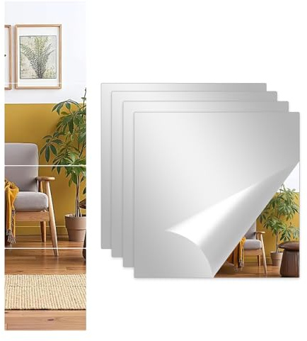 Alened Mirror Tiles Self Adhesive 20x20cm/4pcs Acrylic Stick on Mirror Stickers for Walls Bathroom Wardrobe Doors Bedroom, DIY Home Decor (2mm Thick)