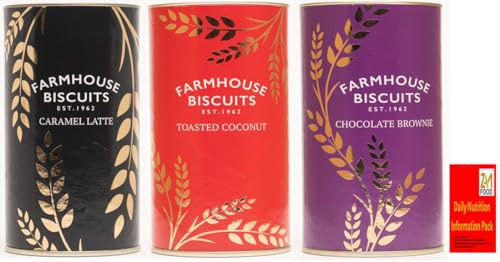 Farmhouse Biscuits Mixed Flavours Luxury Selection Tubes, Caramel Latte Toasted Coconut Chocolate Brownie 3x100g each, Perfect for Gifting, Available for Hampers on all Occasion (Bundle 1 (3 x 100g))
