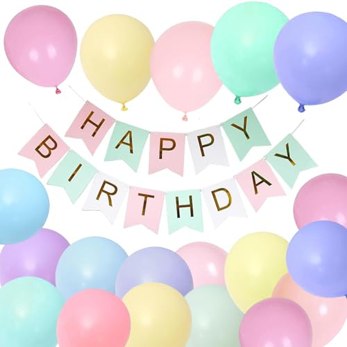 Luftballons Geburtstag Dekoration Set - Happy Birthday Deko Banner Party Deko mit 16 Latex Luftballons in Macaron Farbe