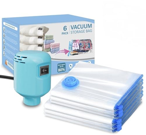 Kissleaf Vacuum Storage Bags(3 Jumbo+3 Large) 6-Pack Vacuum Bags with Electric Pump 30 Seconds Fast Compression Durable Dustproof Waterproof Vaccine Storage Bags Travel for Duvets,Quilts,Clothes