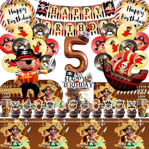 Piraten Geburtstagsdeko 5 Jähre,Piraten Kindergeburtstag Deko 103 Pcs,Pirate Luftballons,Kinder Partygeschirr Set mit Servietten Teller fur Mädchen Junge Geburtstag,Piratenparty Deko Ballons