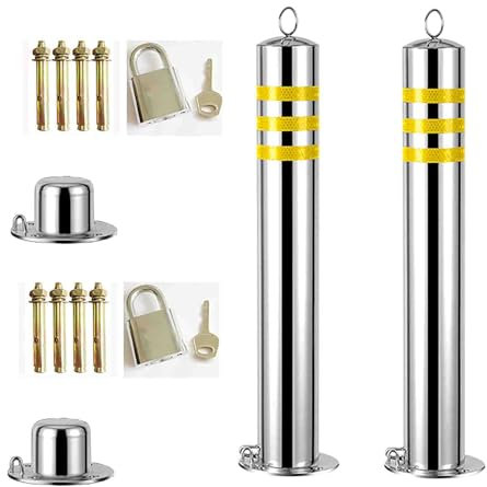Parkplatzsperre - 2Er-Pack Reflektierende Parkpoller Mit Kette - Abschließbare Parkplatzsperre - Parkpfosten Aus Edelstahl
