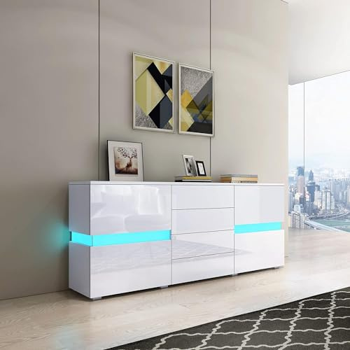 AnrichteSchrank mit LED-Beleuchtung, Weiß Hochglanz-Aufbewahrungsschrank