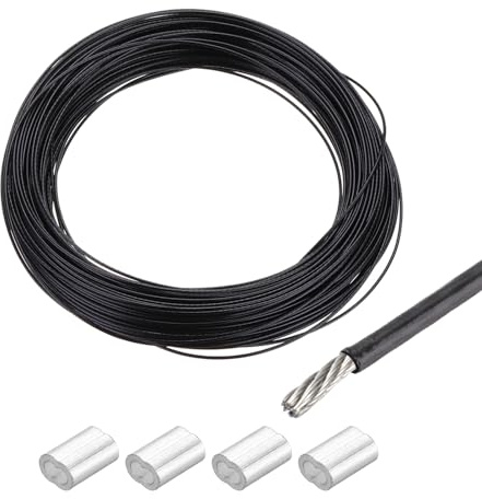 QUARKZMAN Drahtseil Edelstahl 20M x 0,8 mm Stahlseil PVC ummantelt mit 4 Aluminiumhülsen Sicherungsdraht Aufhänger für Bilder Vorhang Geländer Outdoor Gartenmöbel Sonnensegel, Schwarz