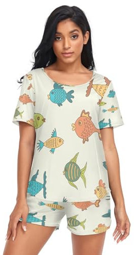 HMZXZ Damen Schlafanzug-Set Bunt Fisch Sommer Pyjama Woman Set,Meer Tier Loungewear und Shorts Lounge Set Sleepwear Nachtwäsche