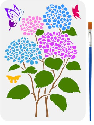 FINGERINSPIRE Pochoir D'Hortensia Avec Un Pinceau 21X29.7cm Fleur Papillon Grand Pochoir Feuille D'Hortensia Pochoir de Peinture Thème Végétal Pochoir de Dessin pour Carrelage Mural Sol Papier Meubles
