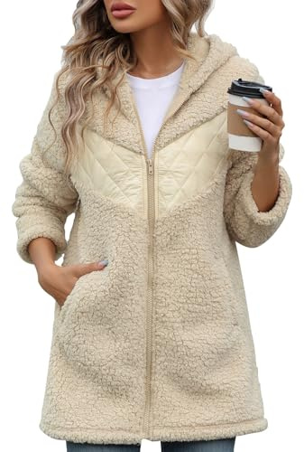 Fleecejacke Damen Dicke Wintermantel Damen Lang Winterjacke Warm Teddyjacke Zipper Sweatjacke Mit Kapuze Jacke Winter Plüschjacke Frauen Taschen Teddy Mantel Oversize Kuscheljacke Flauschig