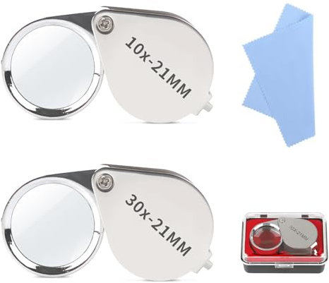 2 Pièces Polyvalent Argent Loupe Pliable, 10x/30x Fort Grossissement Loupe de Poche en Métal, Loupe Botaniste avec Étui Chiffon de Nettoyage, Compact Portable Loupe à Bijoux pour Lecture Étude Journal